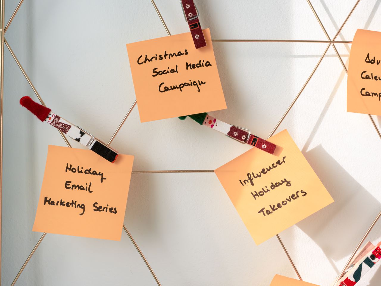 about-us-02 Sticky notes with holiday marketing ideas for Christmas social media and email campaigns.